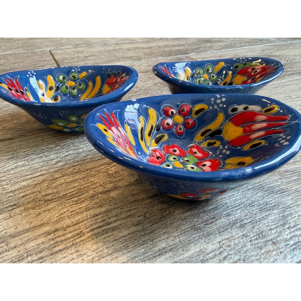 Handmade Ceramic Pinch Bowls Set of 3 Floral Hand Painted Oval Turkish Trinket